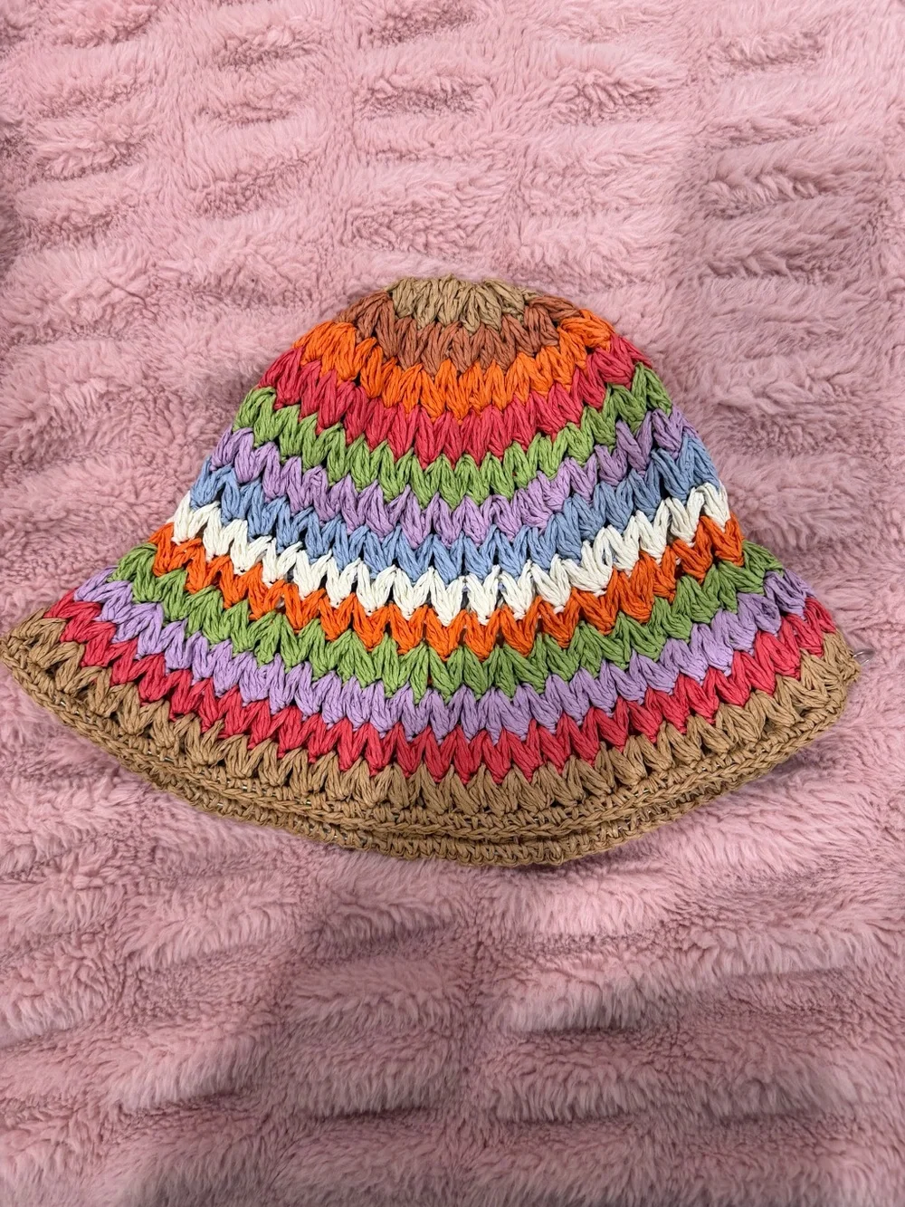 Handwoven Multicolor Crochet Bucket Hat with Natural Brim